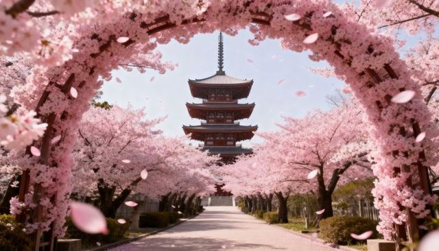 Framing five-story pagoda with cherry blossom tunnel, falling petals, spring temple pathway