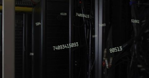 Data Center Aisle with Server Racks and Numeric Overlays