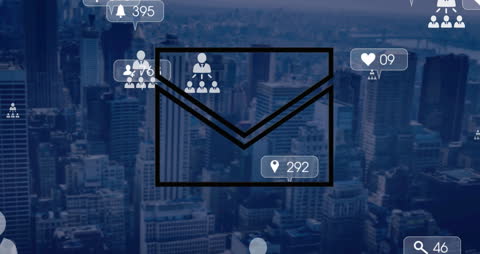 Social Media Data Processing with Digital Envelope Icon over Cityscape