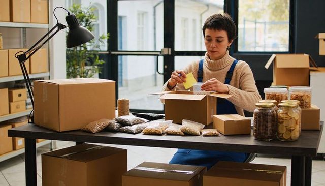 Small business entrepreneur packing and labeling organic snacks for ecommerce fulfillment