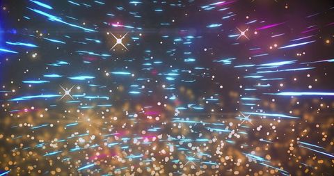 Gliding neon streaks with golden bokeh and star flares creating futuristic light burst