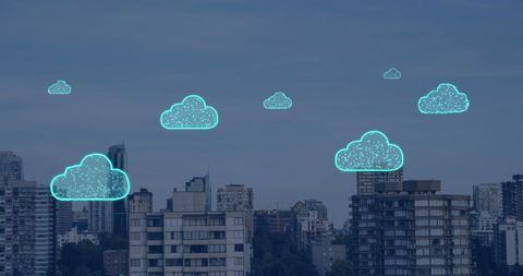 Digital Clouds Hover Over Cityscape Illustrating Cloud Computing - Download Free Stock Images Pikwizard.com