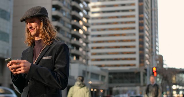 Young Man with Long Hair Using Smartphone in Urban Street Setting - Download Free Stock Images Pikwizard.com