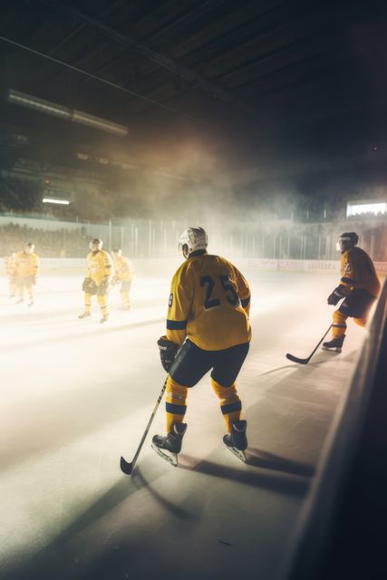 Hockey players prepare for a game on an indoor ice rink. Captured from behind, the athletes' anticipation sets a dramatic tone for the upcoming match.