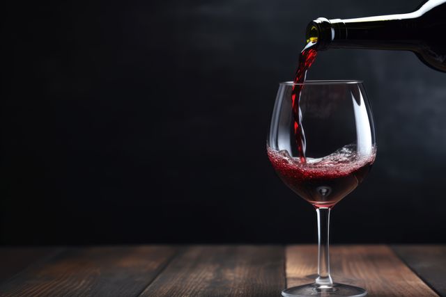 Red wine is flowing from a bottle into a glass, which is placed on a wooden table against a dark background. This image can be used for illustrating luxury dining experiences, wine advertisements, restaurant promotions, and articles about alcoholic beverages.