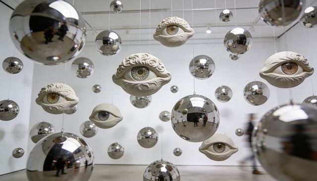 Hanging mirror orbs and carved eye sculptures in minimal contemporary gallery installation