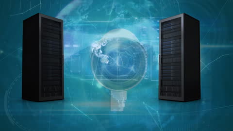 Data Security Concept with Servers and Camera on Digital Globe Background