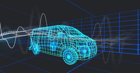 Futuristic Wireframe Van with Digital Waveforms