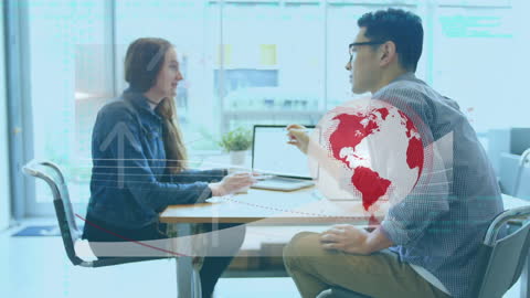 Diverse Team Collaborates in Modern Office with Global Digital Overlay