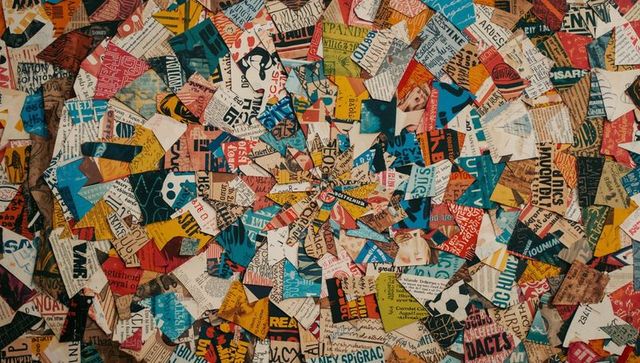 Vibrant abstract collage with typography and magazine clippings