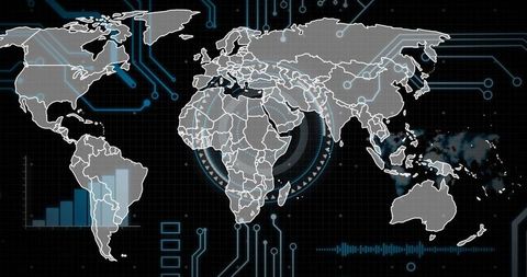 Futuristic World Map with Pulsing HUD Rings and Network Analytics Interface
