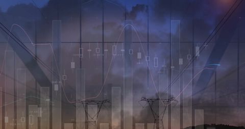 Energy meets finance: power lines and stock charts symbolizing economic growth