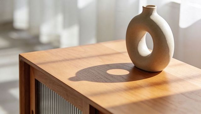 Minimalist donut ceramic vase casting circular shadow on sunlit woodgrain sideboard