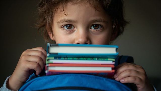 Curious child peeking over colorful schoolbooks with blue backpack close-up portrait