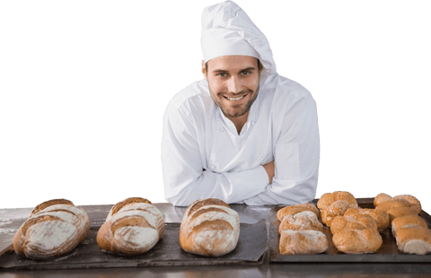 cheerful chef standing with freshly baked bread assortment display transparent - Download Free Stock Videos Pikwizard.com