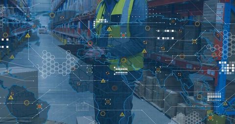 Warehouse worker scanning inventory with logistics data overlay and supply chain network