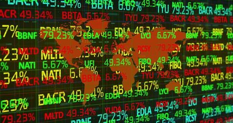 Global financial data concept with world map and stock tickers
