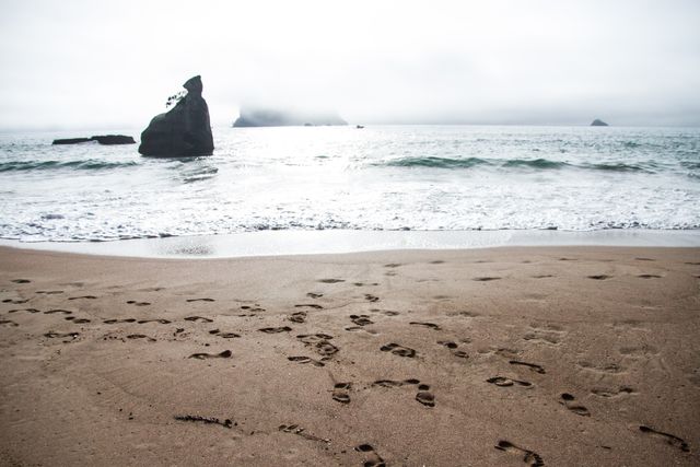 Footprints scattered across sandy beach lead towards gentle waves hitting shore. Rock formations rise through foggy ocean distance. Useful for themes involving relaxation, vacation, travel, adventure, and nature.