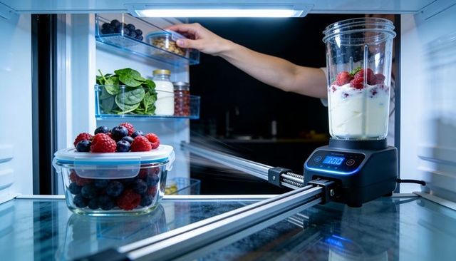 Blender sliding into led-lit fridge for fresh berry yogurt smoothie