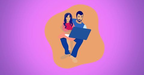 Illustration of Family Togetherness with Laptop on Purple Background