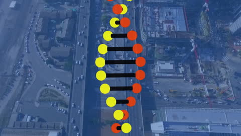 Digital DNA Strand Concept Over Urban Landscape Visualization