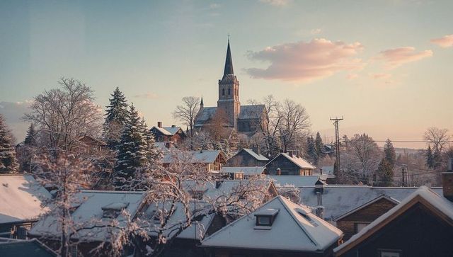 Winter Village Sunrise with Church and Snow-Covered Houses