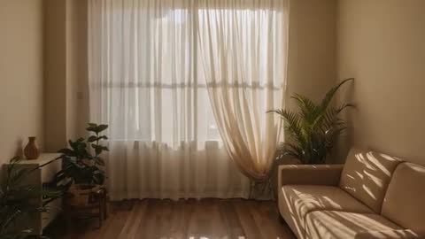 Sheer curtains billowing in sunlit living room with knotting panel and shifting shadows