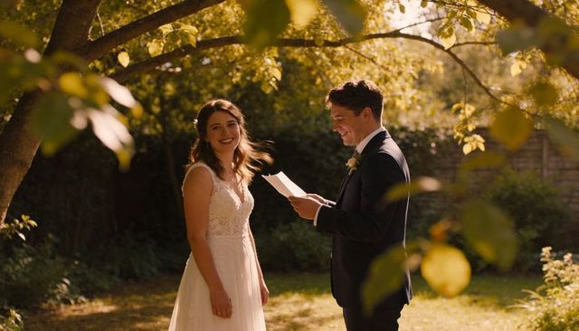 Groom reading vows while bride smiling under sunlit garden tree