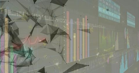 Projecting data visualization with polygonal network and neon bar charts on holographic dashboard
