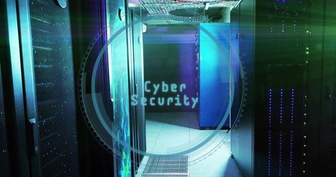 Futuristic cybersecurity data center with glowing servers