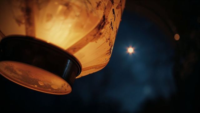 Rustic Paper Lantern Illuminating Night Garden with Full Moon