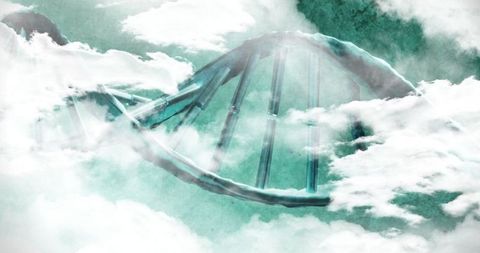 Floating Metallic DNA Helix in Cloudy Teal Sky Concept