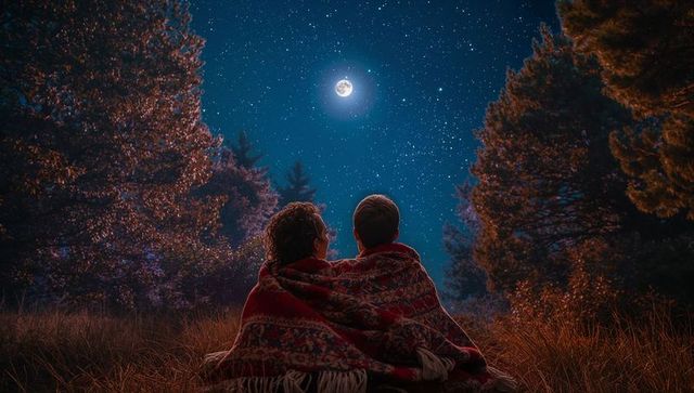 Couple Enjoying Starry Night in Forest with Full Moon