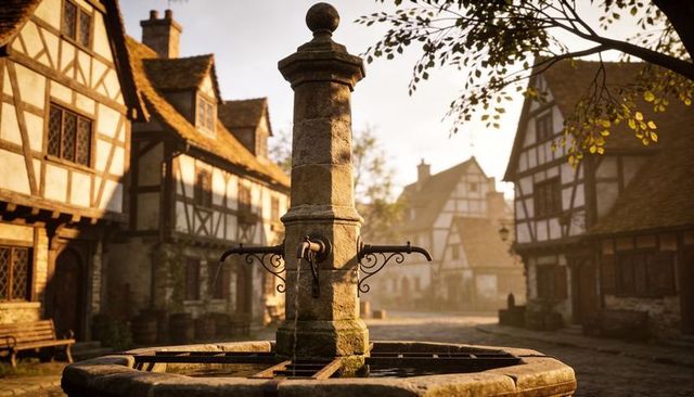 Medieval stone fountain with wrought-iron spouts in sunlit timber-frame village square