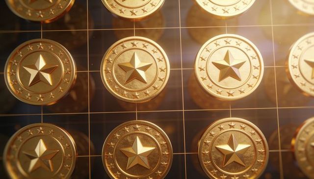Shimmering gold medallions featuring raised five-pointed stars on glossy dark grid panel