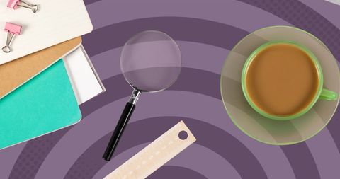Workspace scene features notebooks with vibrant colors, a ruler, and pink paperclips against purple circular background. Includes a coffee cup and magnifying glass. Great for illustrating concepts of creativity, remote work, productivity tips, organization ideas, office supplies tutorial.
