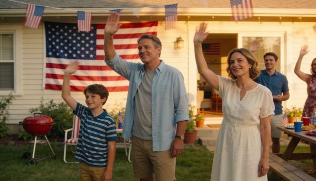 Smiling family waving in backyard patriotic summer barbecue with american flags