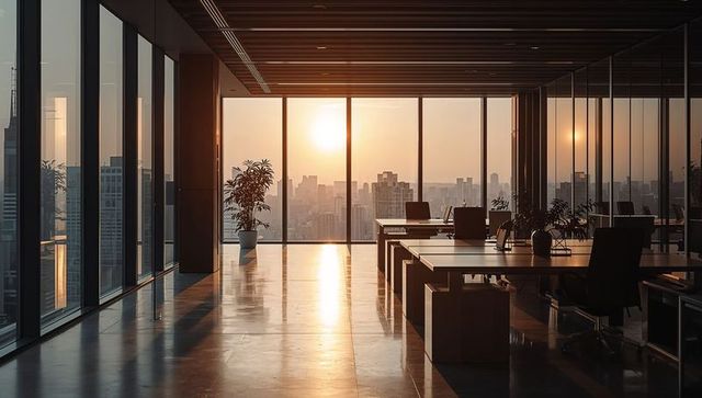 Sunset-lit open-plan office with floor-to-ceiling windows, city skyline, workstations