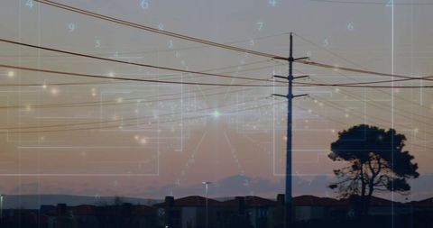 Power lines crossing suburban dusk with digital hud overlay and smart grid motif