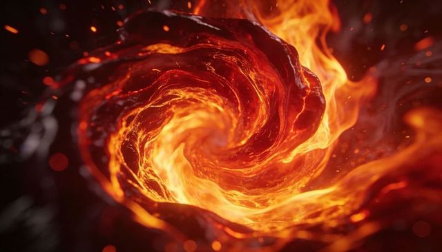 Rotating molten vortex twisting flame tongues emitting embers in volcanic lava swirl