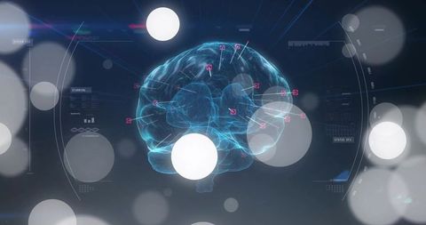 Holographic brain visualizing glowing neural filaments with hud markers, bokeh, ar 3d