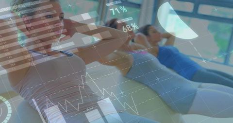 Women performing abdominal crunches wearing tank tops and leggings with AR fitness metrics