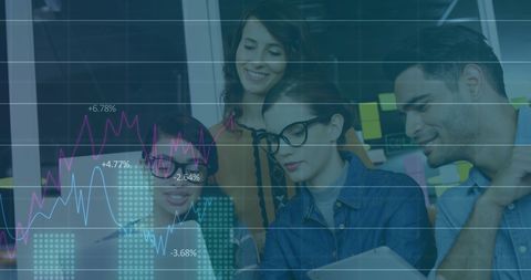 Team Analyzing Market Trends on Laptop with Financial Graph Overlay