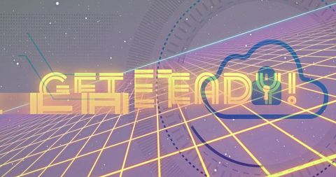 Get ready! pulsing neon synthwave grid banner with cloud hud and retro futurism