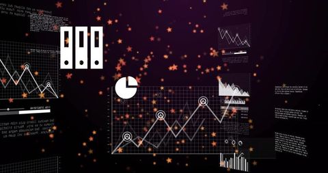 Virtual data dashboard displaying rising line chart with circular markers and pie icon