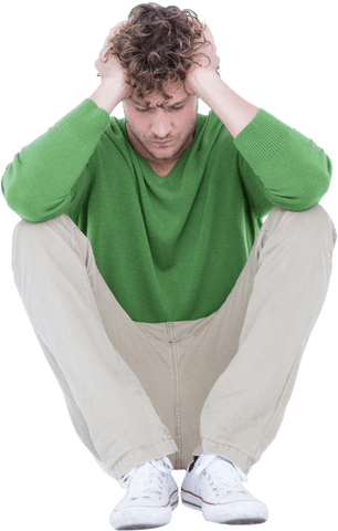 Transparent Sad Man Sitting, Head in Hands in Casual Wear