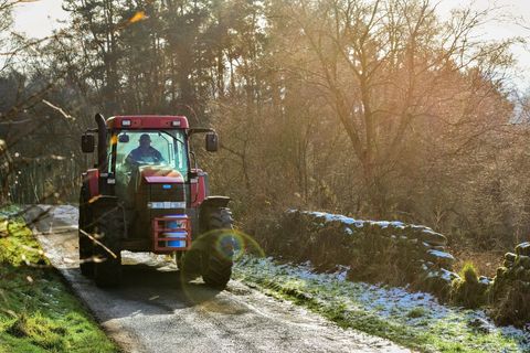 Farmer Driving Tractor on Rural Road in Sunlit Winter Landscape - Download Free Stock Images Pikwizard.com