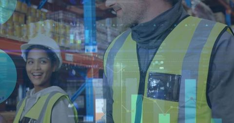 Warehouse Team Analyzing Data with Financial Graph Overlays