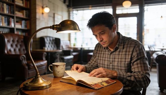 Man reading hardcover book at cafe table with steaming mug and vintage lamp