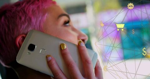 Woman with Pink Hair Using Smartphone with Digital Network Overlay